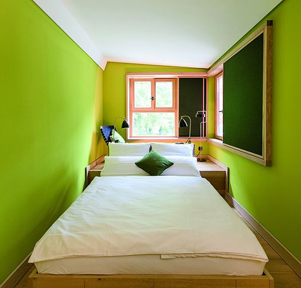 bedroom interior with brightly painted walls